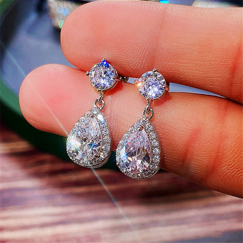 Luxury Female Blue Yellow White Zircon Stone Drop Dangle Earrings Cute Silver Color Party Jewelry For Women