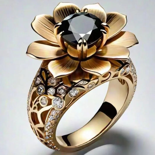 Vintage Gold Color Flower Women's Rings Trendy Round Inlaid with Black White Stone Personalized Creativity Party Rings Jewelry