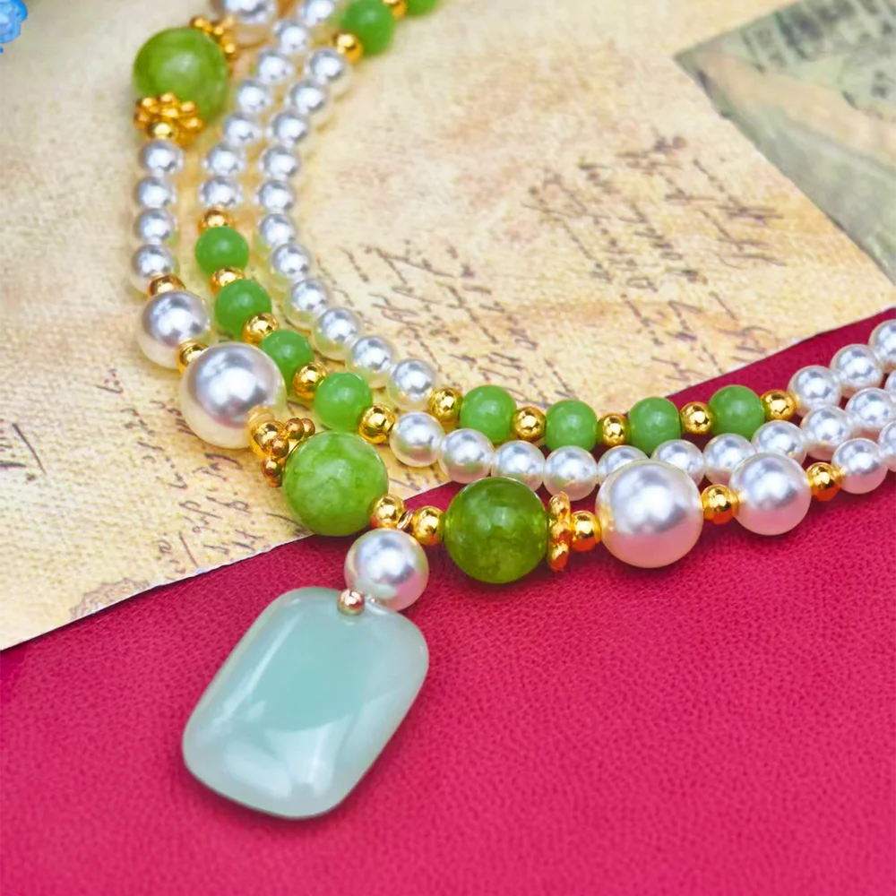 NEW Green stone Beaded Pearl Necklace for Women Golden Lucky Pendant Necklace Boho Vintage Wedding Party Daily Wear Jewelry Gift