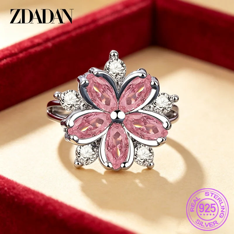ZDADAN 925 Sterling Silver Flowers Pink Zircon Open Adjustable Rings For Women Fashion Jewelry