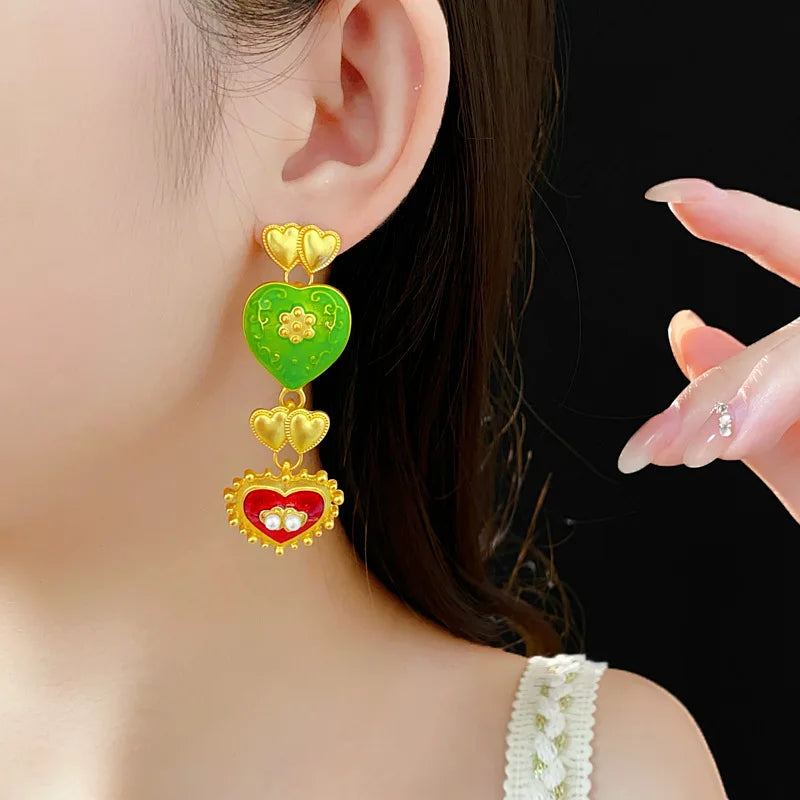 Vintage Bracelet Earrings Set for Women Drip Oil Love Flower Drop Earrings Light Luxury Jewelry Sets Wedding Party Gift