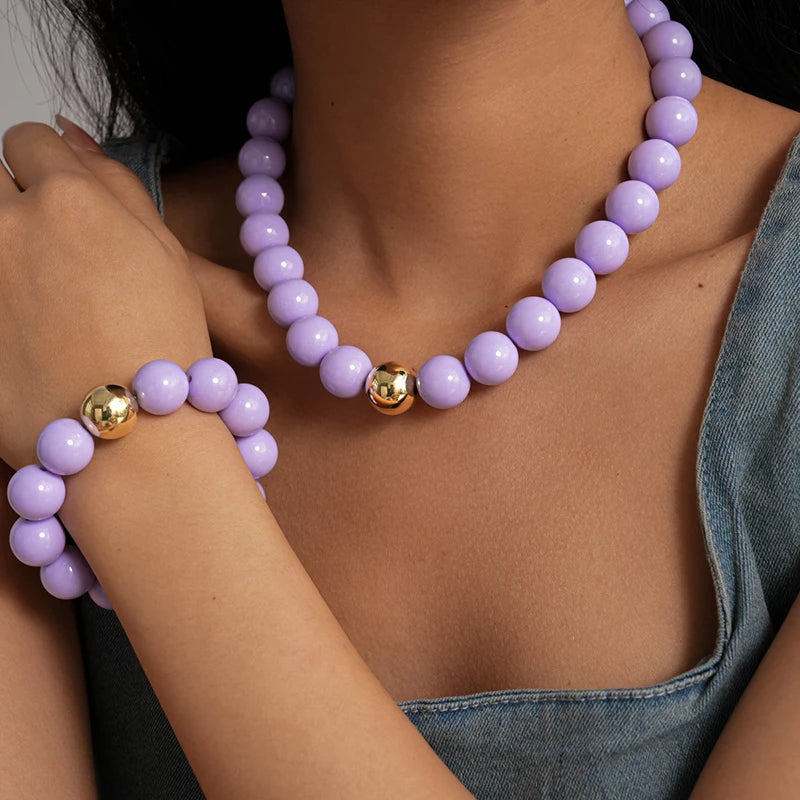 Colorful Acrylic Beads Choker Necklace and Bracelet Sets for Women Statement Jewelry Gift Accessories Fashion