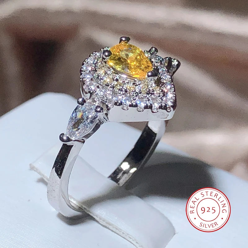 Classic Water Drop Yellow Zirconia Full Diamond Sparkle Ring Women Party Wedding 925 Stamp Fashion Jewelry Ladies Gift