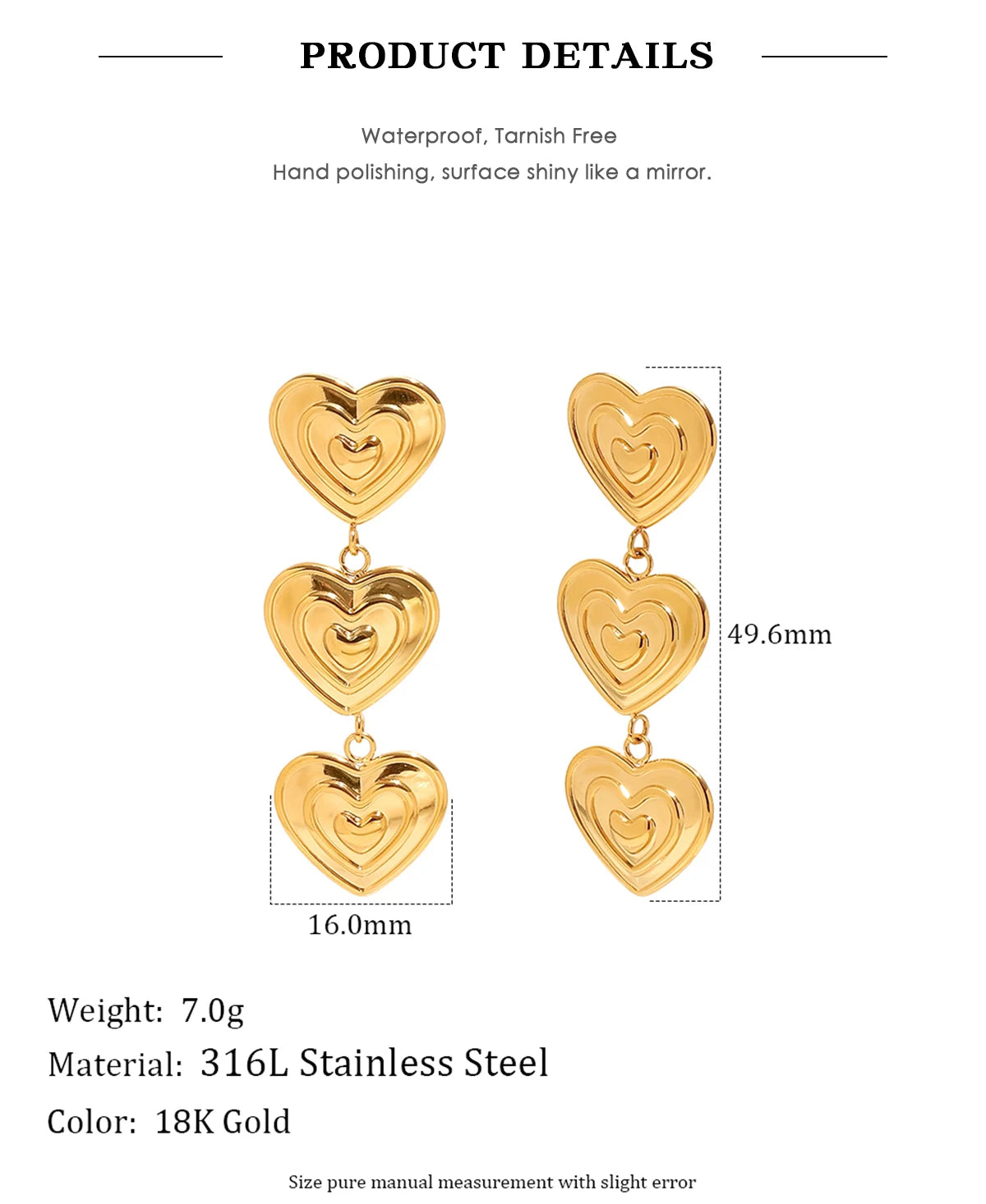 E.B.belle Modern Triple Heart Stud Earrings For Women 18K Gold Plated Waterproof Stainless Steel Earrings Fashion Ladies Jewelry