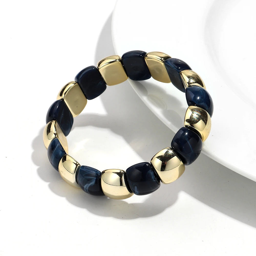 Vintage Acrylic Coloful Geometric Beads Elastic Bangle Bracelets Fashion Resin Golden CCB Bead Stackable Bracelet Women Jewelry