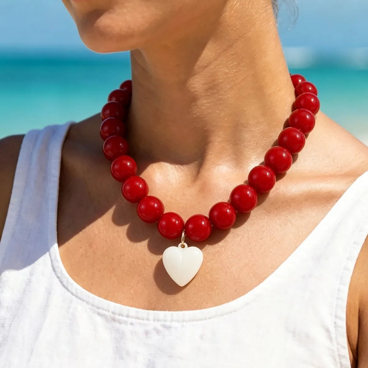 Pink Resin Beads with Detachable Pink Heart Pendant Necklace for Women Y2K Style Statement Jewelry Summer Party Gifts Accessory