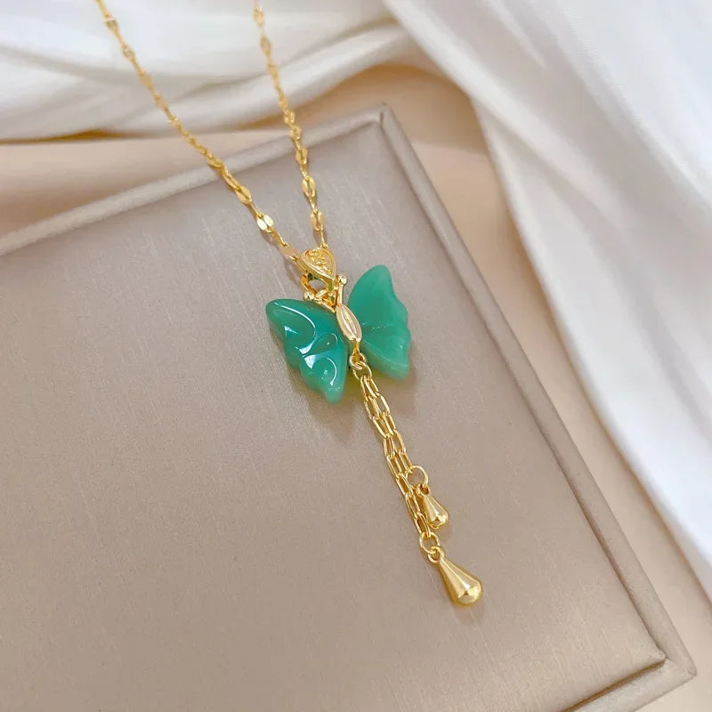 Exquisite Micro Inlaid Zircon Butterfly Tassel Necklace For Women Stainless Steel Moon Butterfly Flower Clavicle Choker Jewelry