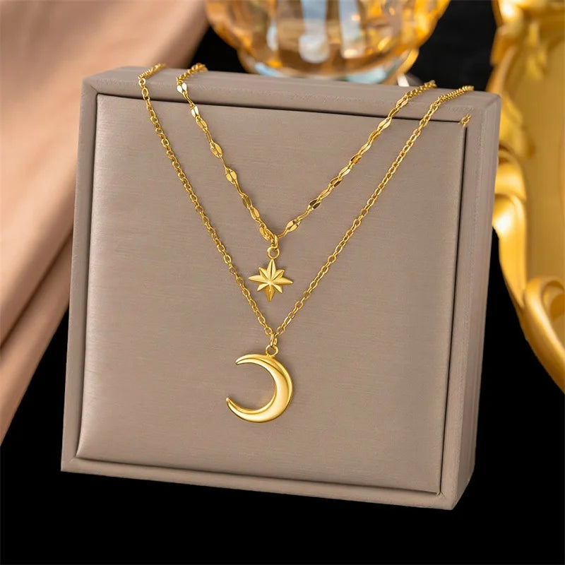 EILIECK Women's Retro Star Moon Pendant Necklace 18K Gold PVD Plated Stainless Steel Waterproof Layered Neck Chain Daily Jewelry