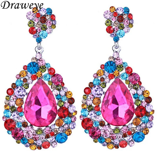 Draweye Dinner Party Earrings for Women Rhinestones Water Drop Hyperbole Jewelry Elegant Vintage Colorful Aretes De Mujer