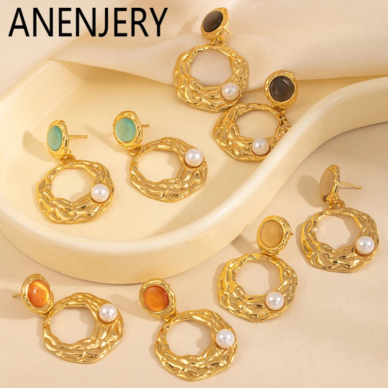 ANENJERY 316L Stainless Steel Pearl Irregular Geometry Pendant Earrings For Women Bohemia Niche Retro Waterproof Jewelry Gifts