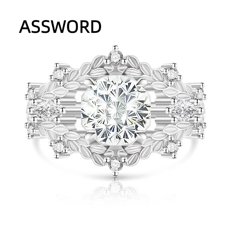925 Sterling Silver Vintage Leaf Flower Ring Round Ice Flower Cut Cubic Zirconia Wedding Band Luxury Fine Jewelry Gift for Women