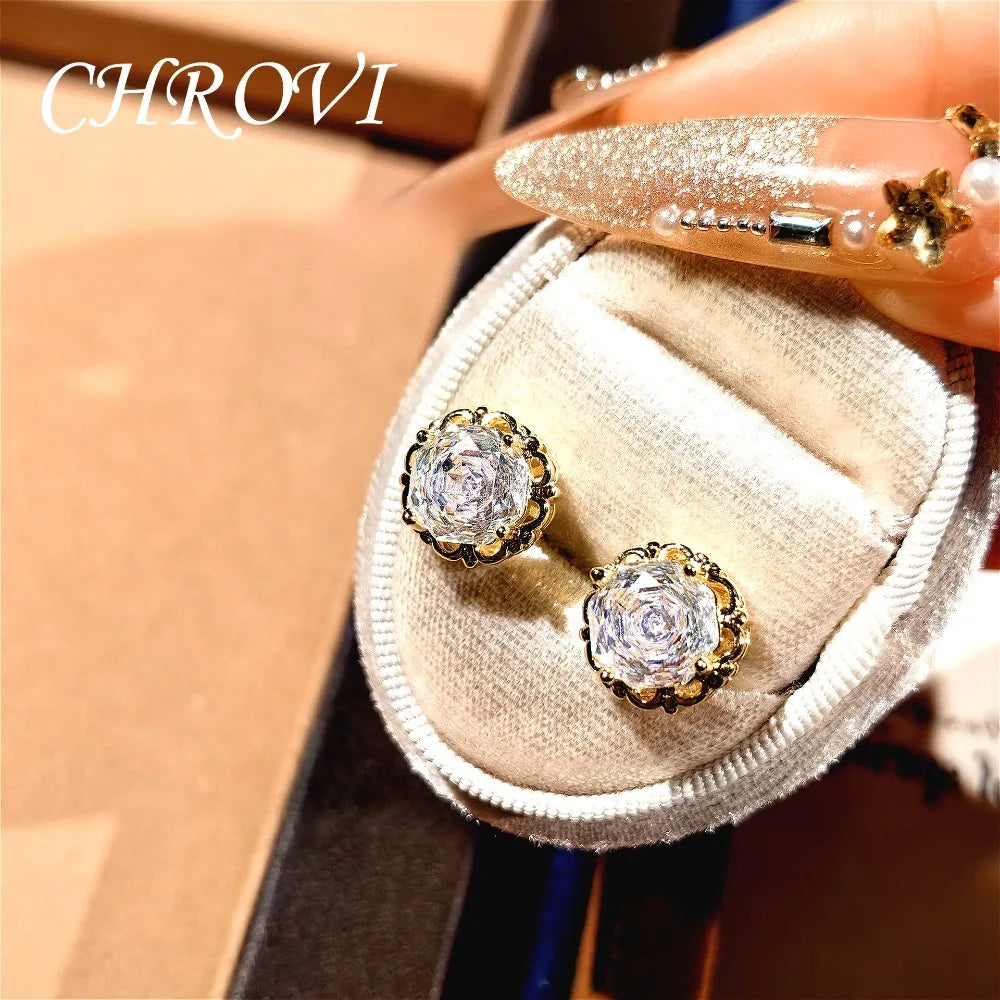 Light luxury 925 sterling silver round rose necklace with dazzling zircon stud earrings and gemstone ring set for women