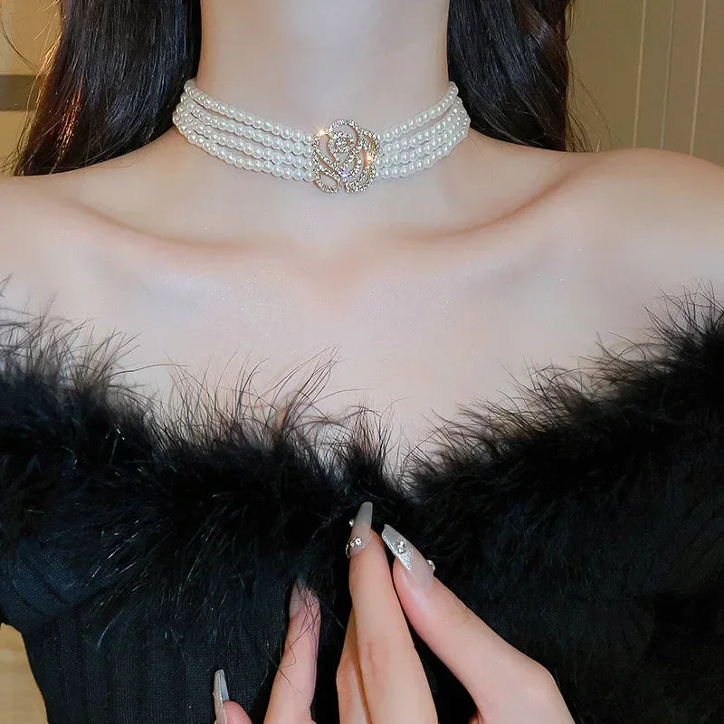 Elegant Multilayer Pearl Choker Necklaces for Women Crystal Flowers Necklaces Weddings Party Jewelry