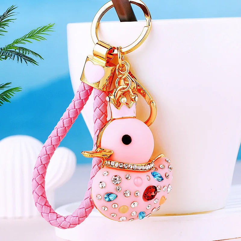 Creative rhinestone cute big yellow duck car keychain women's bag pendant metal key chain ring festival gift wholesale