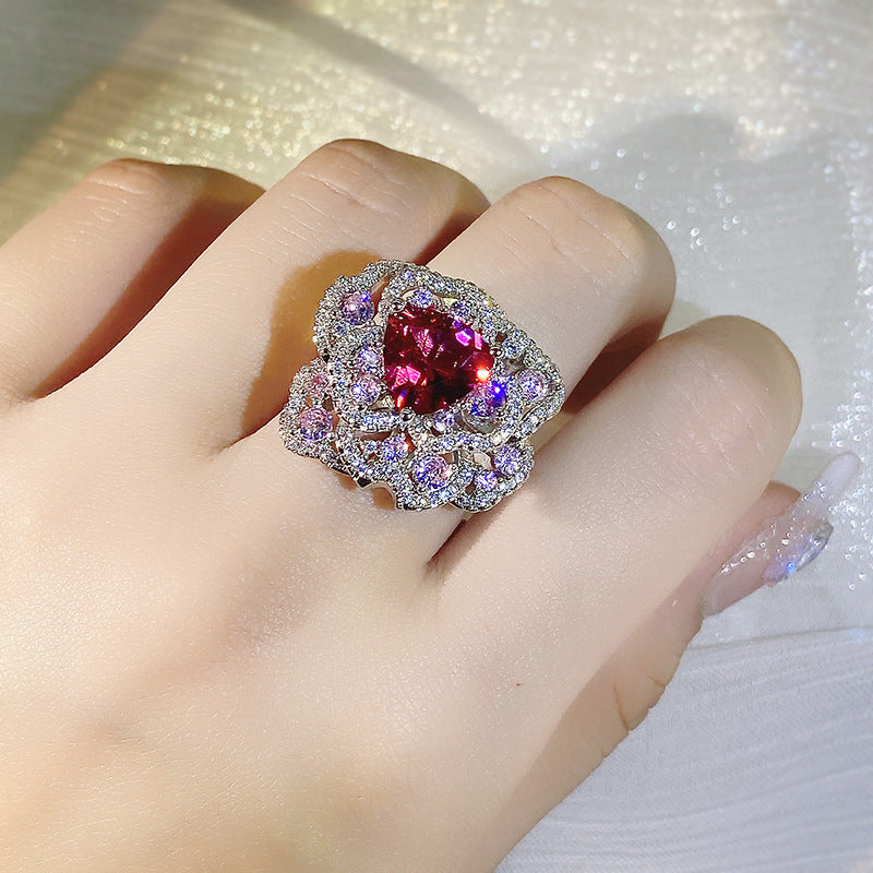 925 Silver High Carbon Diamond Color Ice Flower Cut Open Flower Ring Ladies Birthday Cocktail Party Jewelry Gift Wholesale