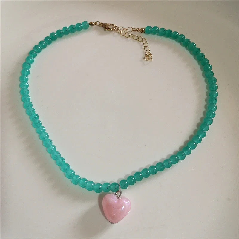 Kpop Resin Candy Color Heart Pendant Glass Beaded Short Choker Collar Neck Necklace Aesthetic Charm Jewelry Y2K Accessories