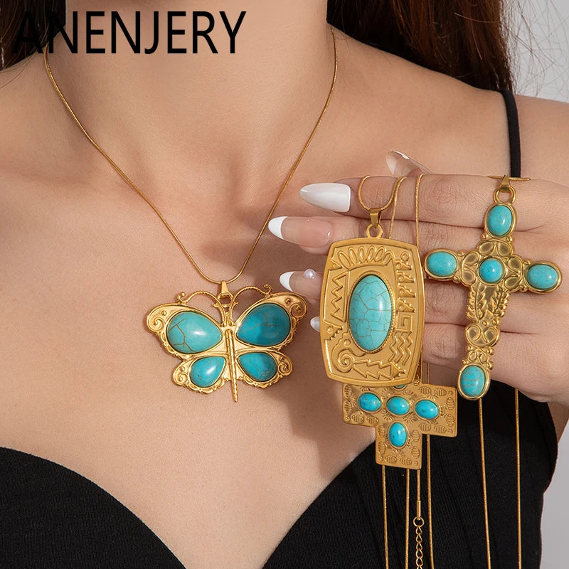 ANENJERY 316L Stainless Steel Turquoise Cross Butterfly Geometry Pendant Necklace For Women Niche Boho Exaggerated Jewelry Gifts