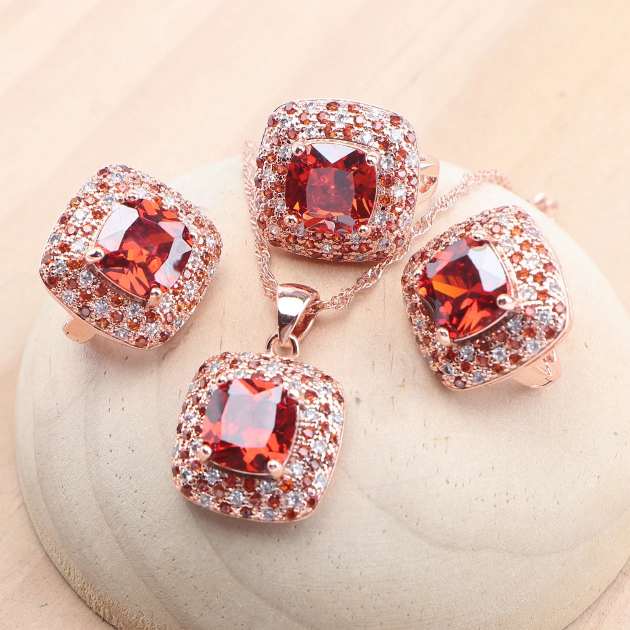 Bridal Jewelry Sets 925 Sterling Silver Rose Gold Color Red Zircon For Women Earrings Rings Pendant Wedding Necklace Set