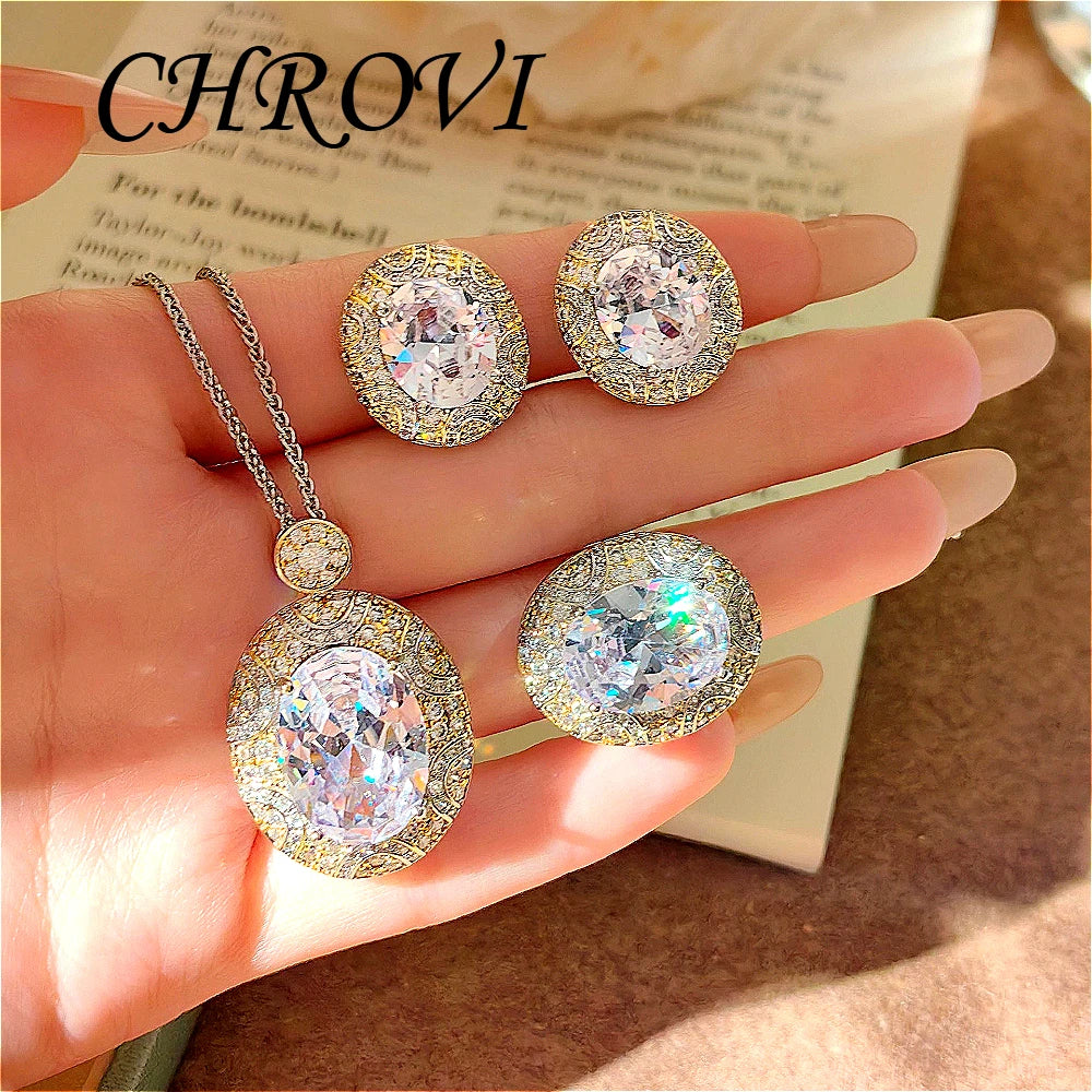 Luxury-Style 925 Sterling Silver Two-Colored Pendant Necklace Stud Earrings White Diamond Ring Gemstone Set