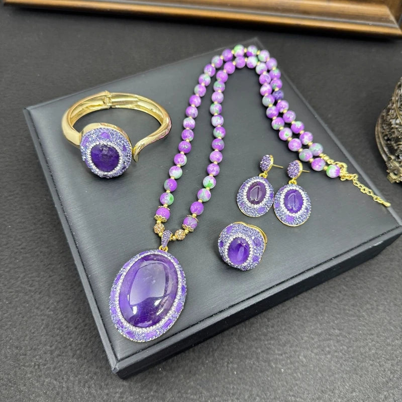 Turkish Style Amethyst Crystal Stone Necklace Ring Earring Set Women Natural Quartz Bracelet Jewelry for Bridal Wed Dress Gift