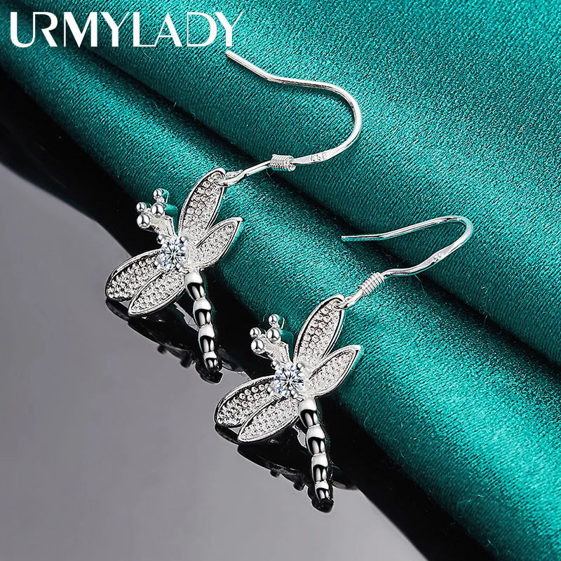 URMYLADY 925 Sterling Silver Dragonfly Zircon Earrings For Women Fashion Wedding Engagement Party Jewelry