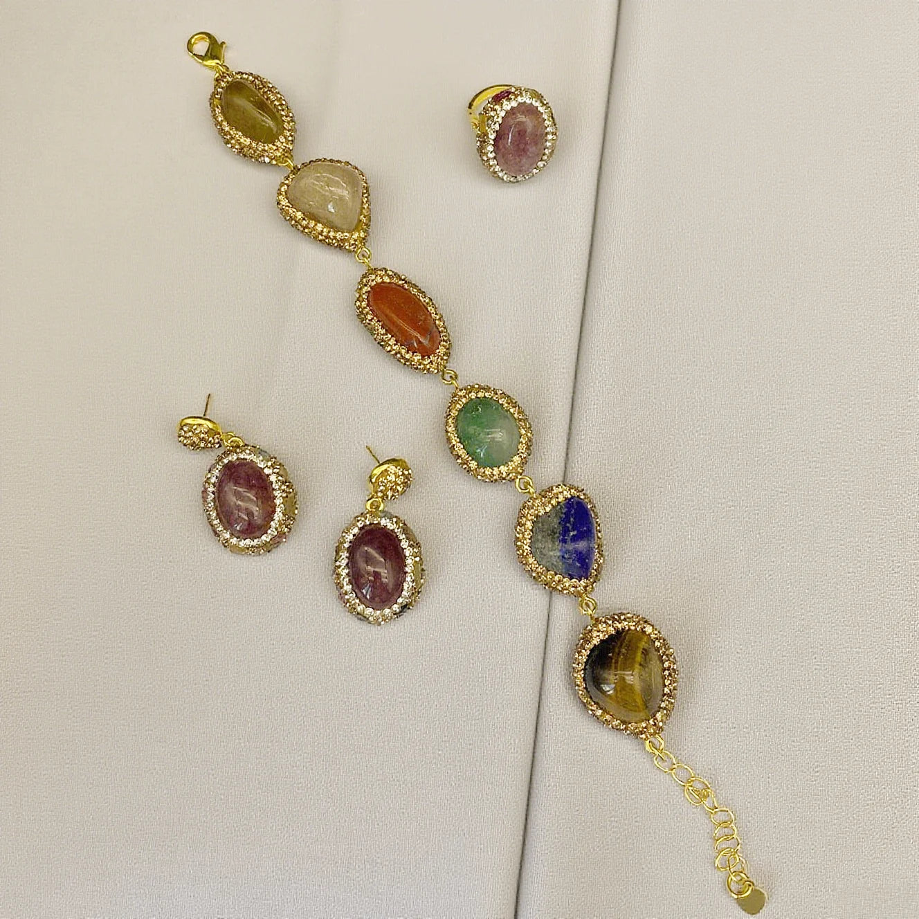 Colorful Multi Crystal Stone Jewelry Sets Natural Amethyst Tiger's Eyes Quartz Inlaid Rhinestone Beaded Necklace Earring