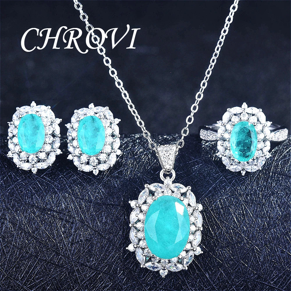 New 925 Pure Silver Paraiba Diamond Necklace - Pendant Gemstone Formal Jewelry Set Including Ring and Earrings