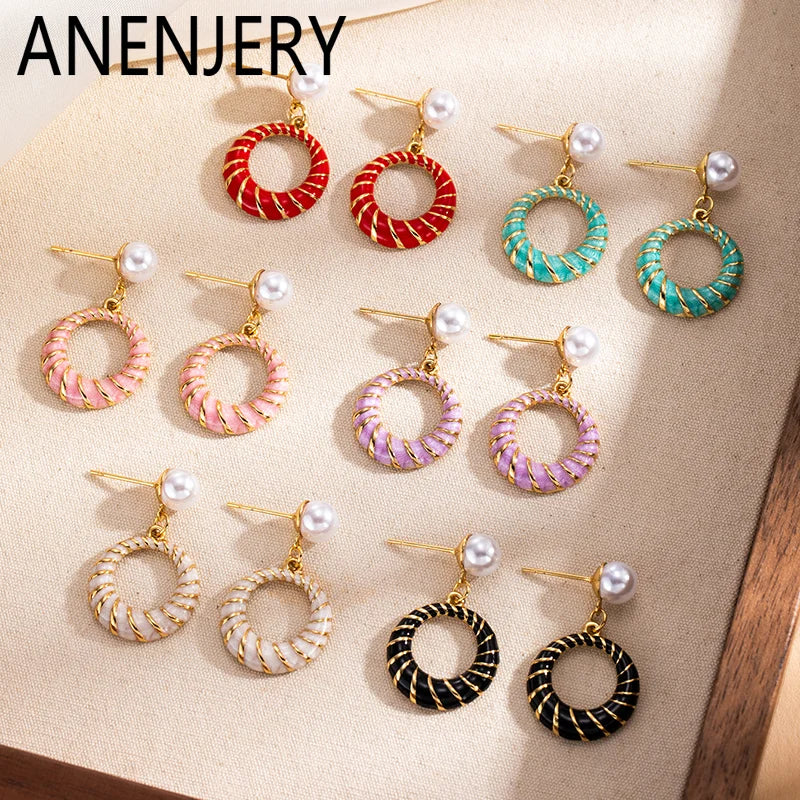 ANENJERY 316L Stainless Steel Hollow Round Imitation Pearls Stud Earrings For Women Luxury Niche Temperament Simple Jewelry Gift