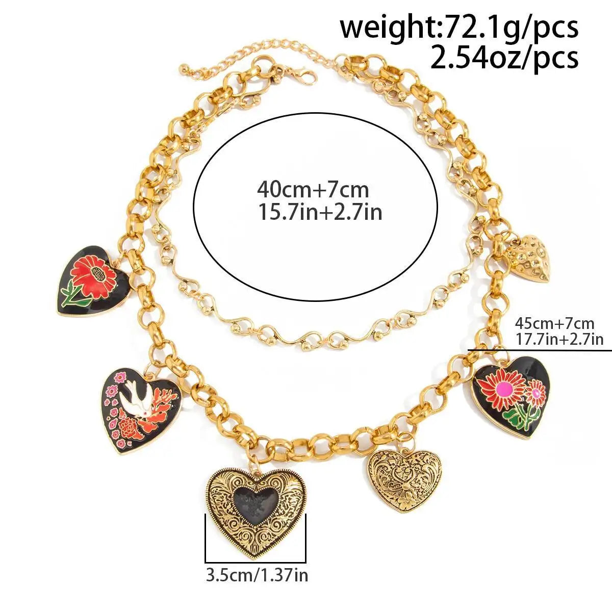 Lacteo Exaggerated Vintage Enamel Pattern Flower Big Love Heart Pendant Necklaces Women Creative Luxury Neck Accessories Jewelry