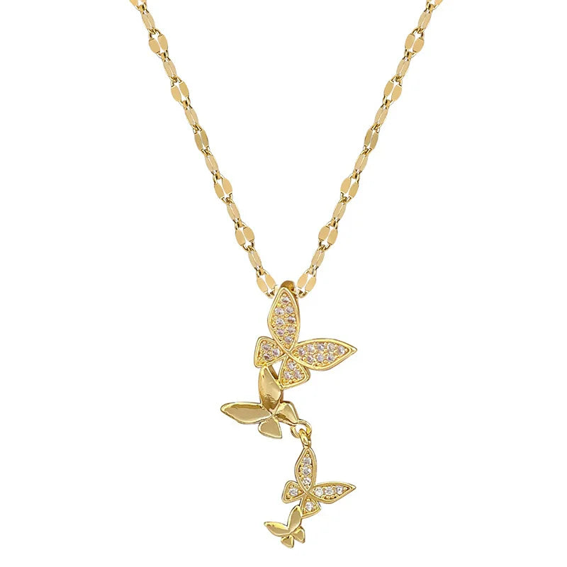 EILIECK 316L Stainless Steel Shine Cubic Zircon Butterfly Pendant Necklace for Girl Gold Color Waterproof Chic Jewelry Party