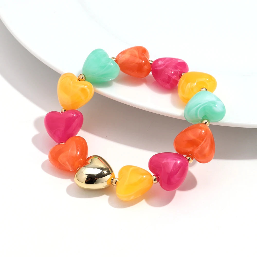Sweet Resin Love Heart Beads Elastic Bracelets for Women Cute Geometric Heart Shape Stretch Bracelet Party Jewelry Gifts