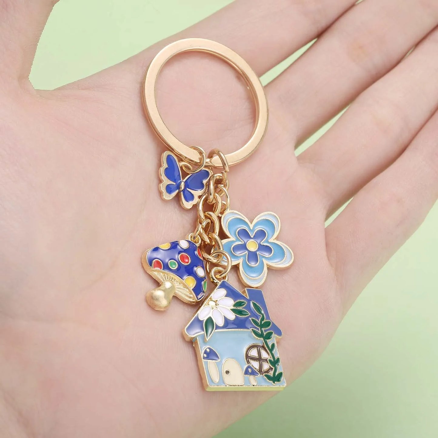 1pc Colorful Fairy Tale Keychain, Enamel Mushroom House Flower Butterfly Charms Key Ring, For Car Keys, Backpacks, Wallets