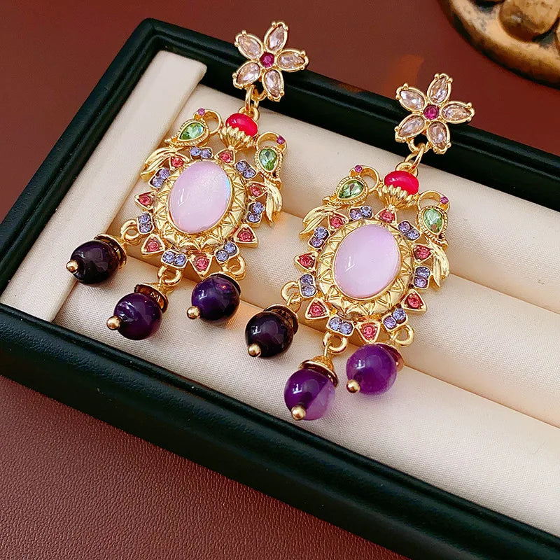 Mediaeval Retro Oval Resin Dangle Earrings Palace Style Rhinestones Flowers Tassels Pendant Ear Drops Jewelry Pendientes Mujer N