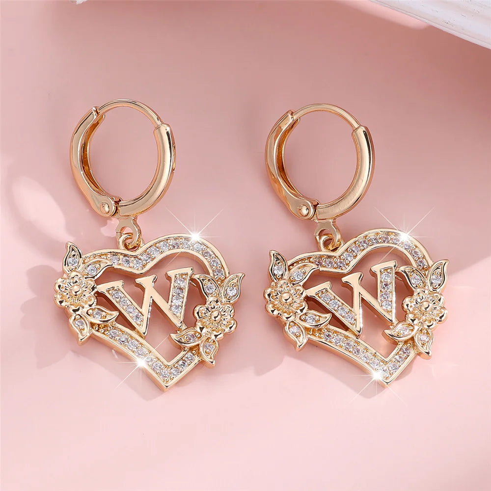 Female A-Z 26 Letter Heart Flower Hoop Earrings Yellow Gold Color White Zircon Wedding Jewelry For Women