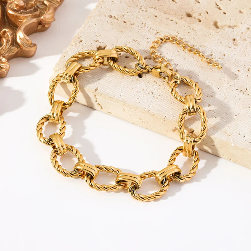 EILIECK 316L Stainless Steel Metal Gold Color Oval Link Chain Necklace Bracelet Set For Women Fashion Punk Waterproof Jewelry