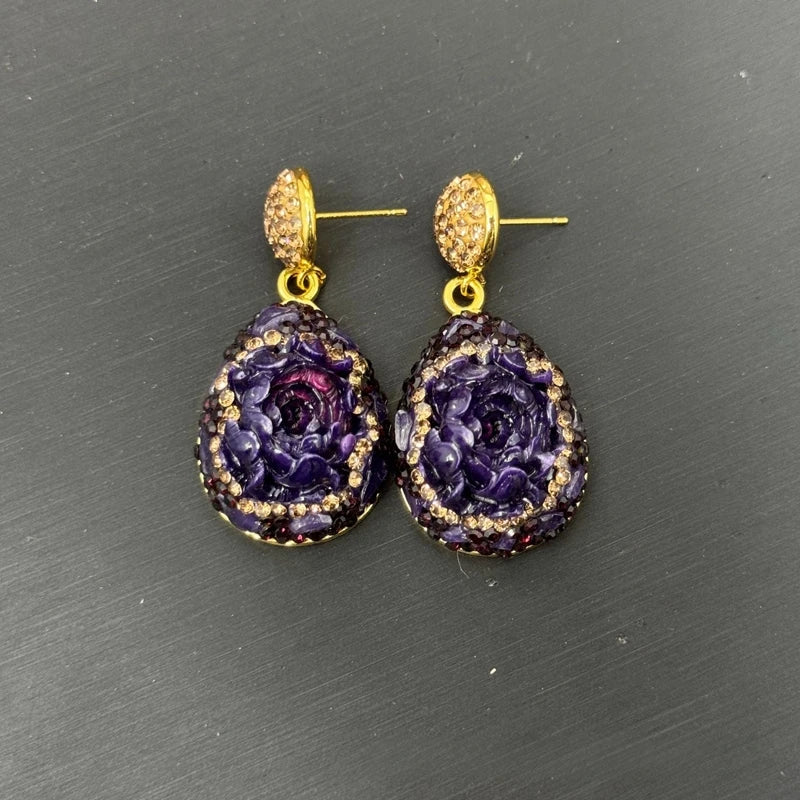 Rose Flower Amethyst Carving Crystal Jewelry Set for Women Rhinestone Quartz Cutting Bangle Rings Necklace Luxury Sets for Wed