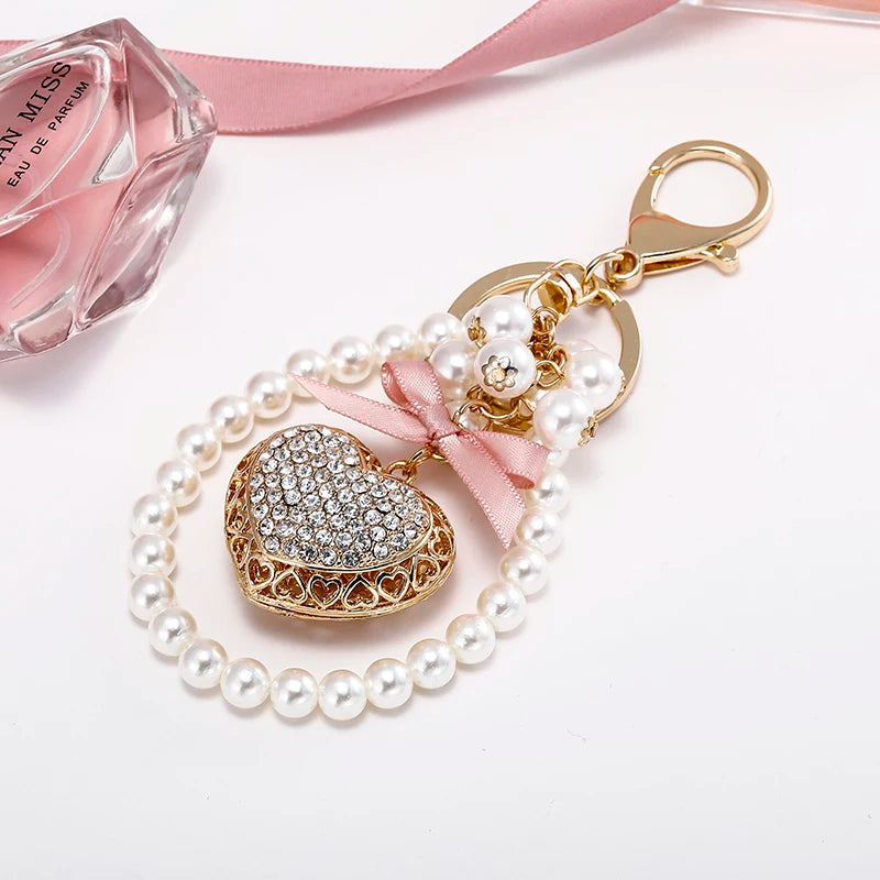 Pink Bow Love Pearl Chain KeyChain Sparkling Crystal Women's Luxury Handbag Pendant Car Key Ring