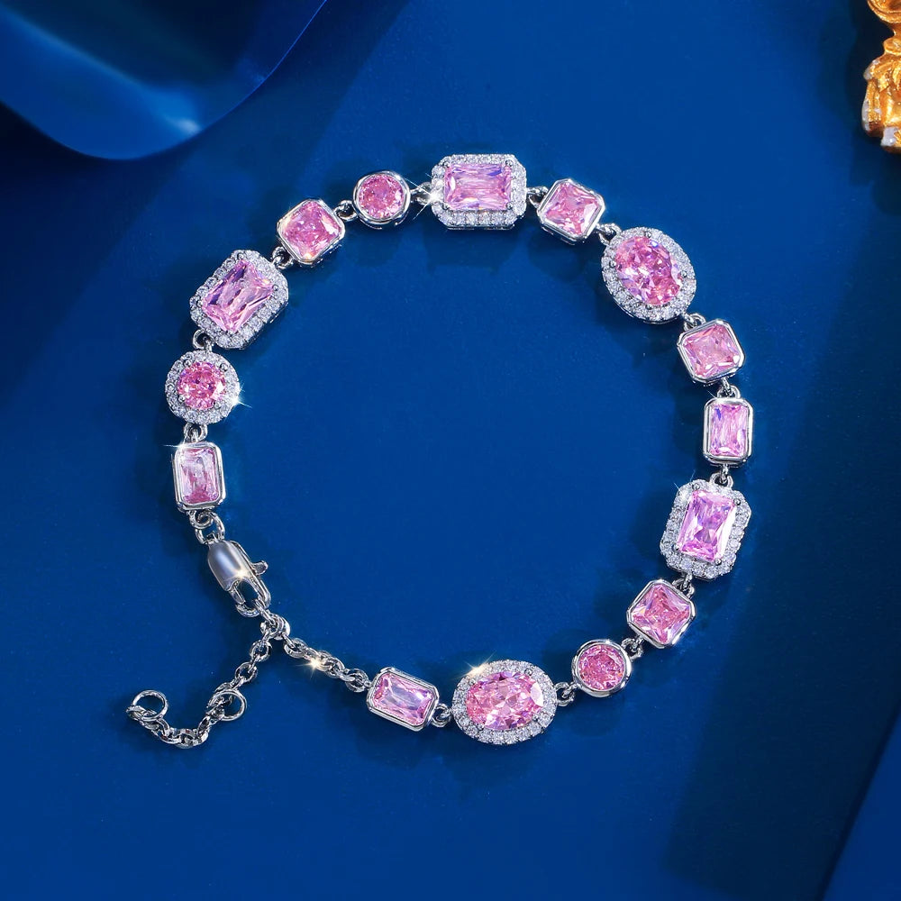 ThreeGraces Elegant Shiny Pink Zirconia Vintage Bridal Geometric Link Chain Bracelet for Women Fashion Daily Party Jewelry BR432