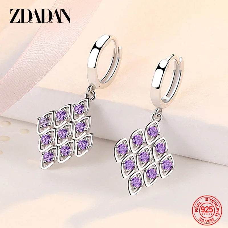 ZDADAN 925 Sterling Silver Purple Zircon Geometric Earrings For Women Fashion Jewelry