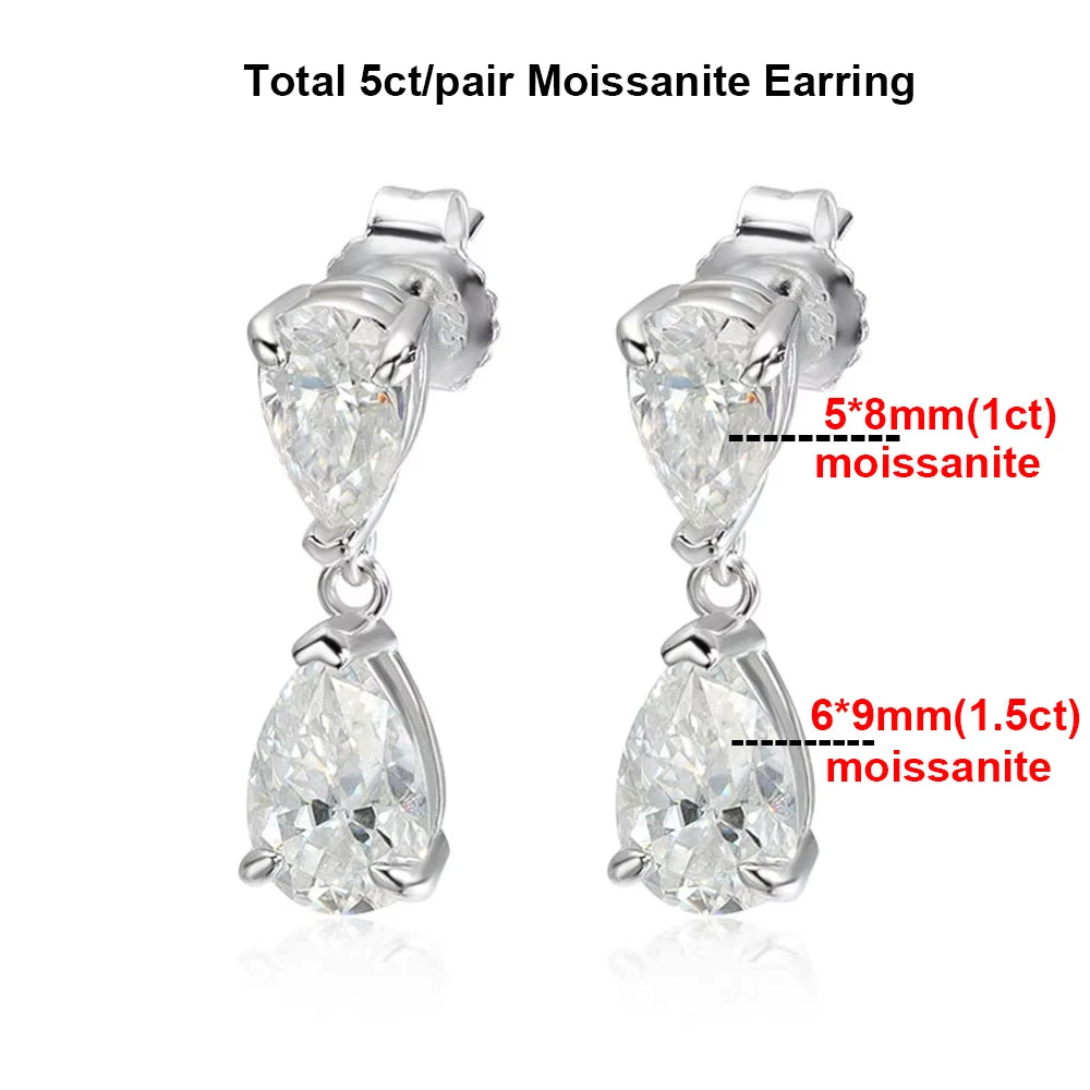 5cttw Double Pear Cut Moissanite Drop Earring for Women GRA Certified 925 Sterling Silver Plated 18K Gold Waterdrop Fine Jewelry