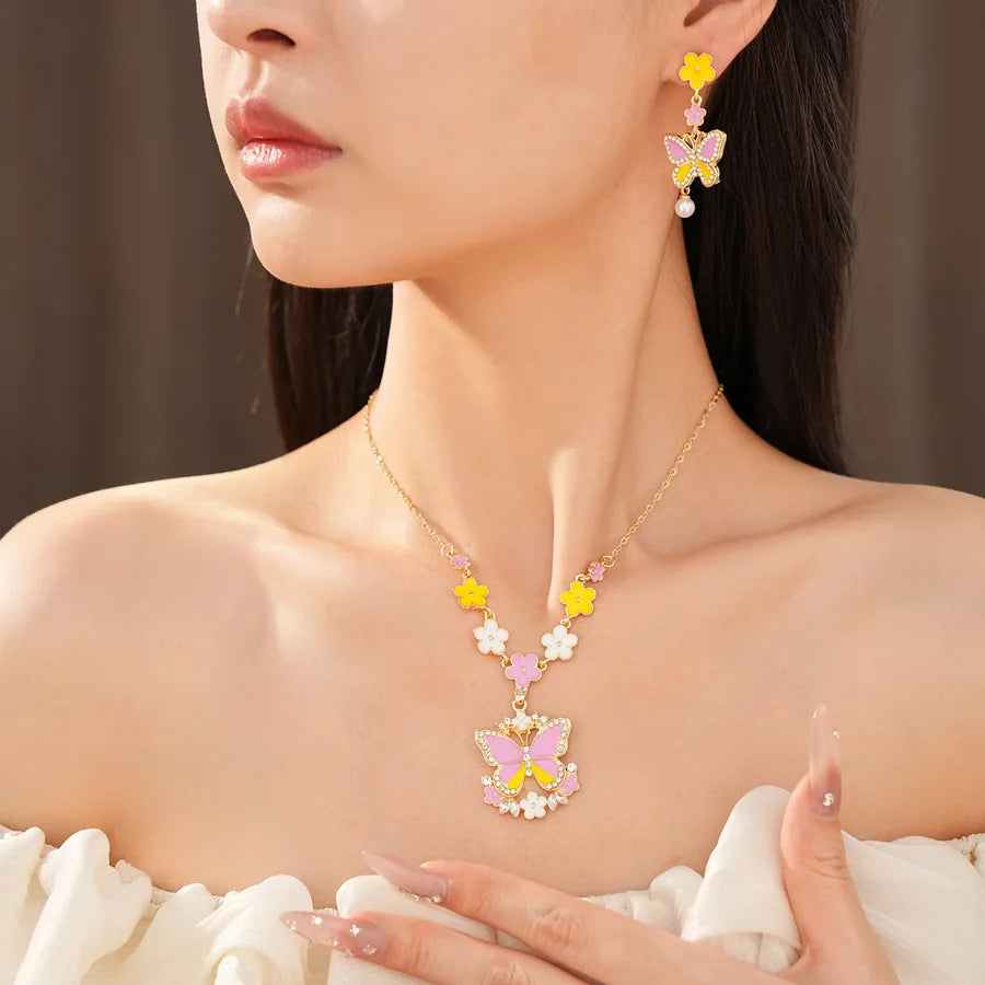 Pink Yellow Butterfly Flower Jewelry Set Sweet Enamel Necklace Drop Earrings Women's Fashion Party Banquet Accessories K