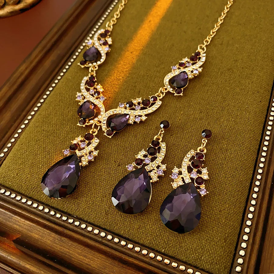 Purple Rhinestone Pendant Necklaces Drop Earrings Party Banquet Jewelry Set Vintage Water Drop Necklace Earrings Accessories H