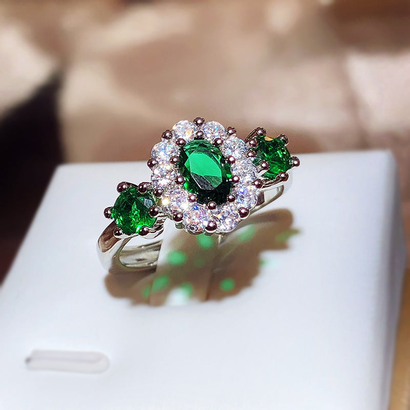925 Stamp New Green Shiny Zircon Ring For Women's Fashion Green Ring Opening Adjustable Jewelry Bridal Engagement Ring