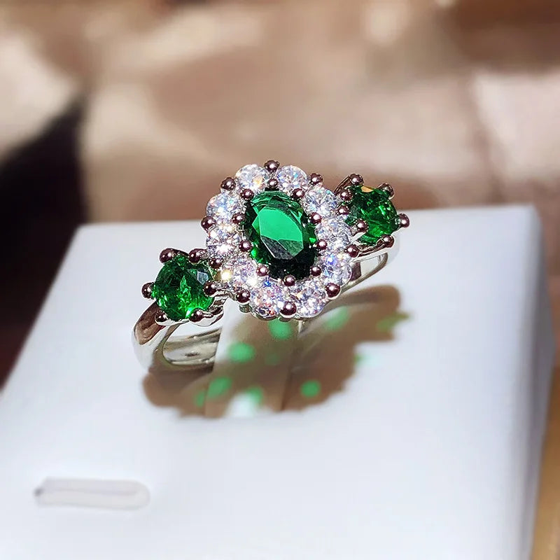 925 Stamp New Green Shiny Zircon Ring For Women's Fashion Green Ring Opening Adjustable Jewelry Bridal Engagement Ring