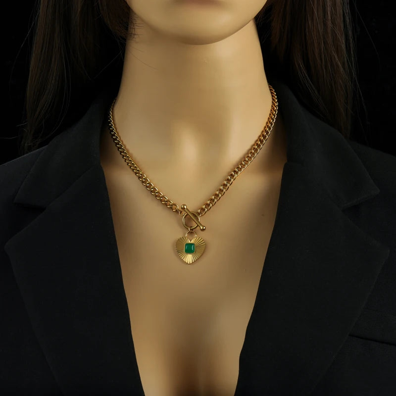EILIECK 316L Stainless Steel Heart Love Green Crystal Pendant Necklace Earrings for Women Fashion Punk Jewelry Set Gift Party