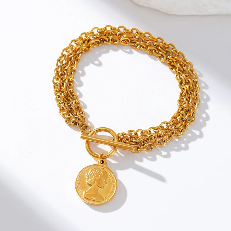 EILIECK 316L Stainless Steel Gold Color Portrait Coin Charm Bracelet Trendy Wrist Chain Jewelry For Women Girl Holiday Gifts