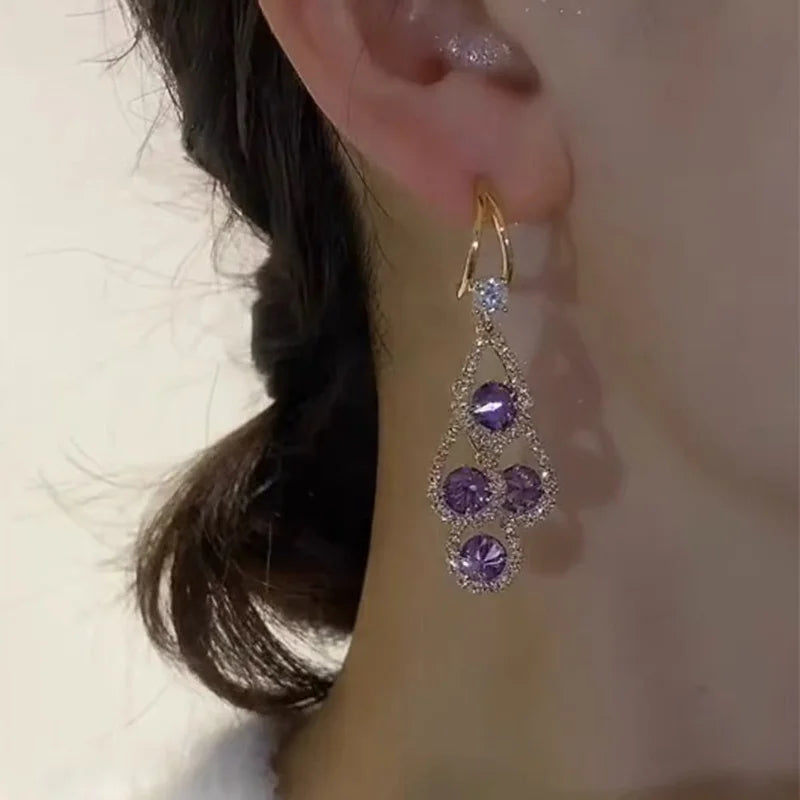 Purple Crystal Water Drop Long Tassel Earrings Women Design Sparkling Prom Accessories Party Jewelry Birthday Anniversary Gifts