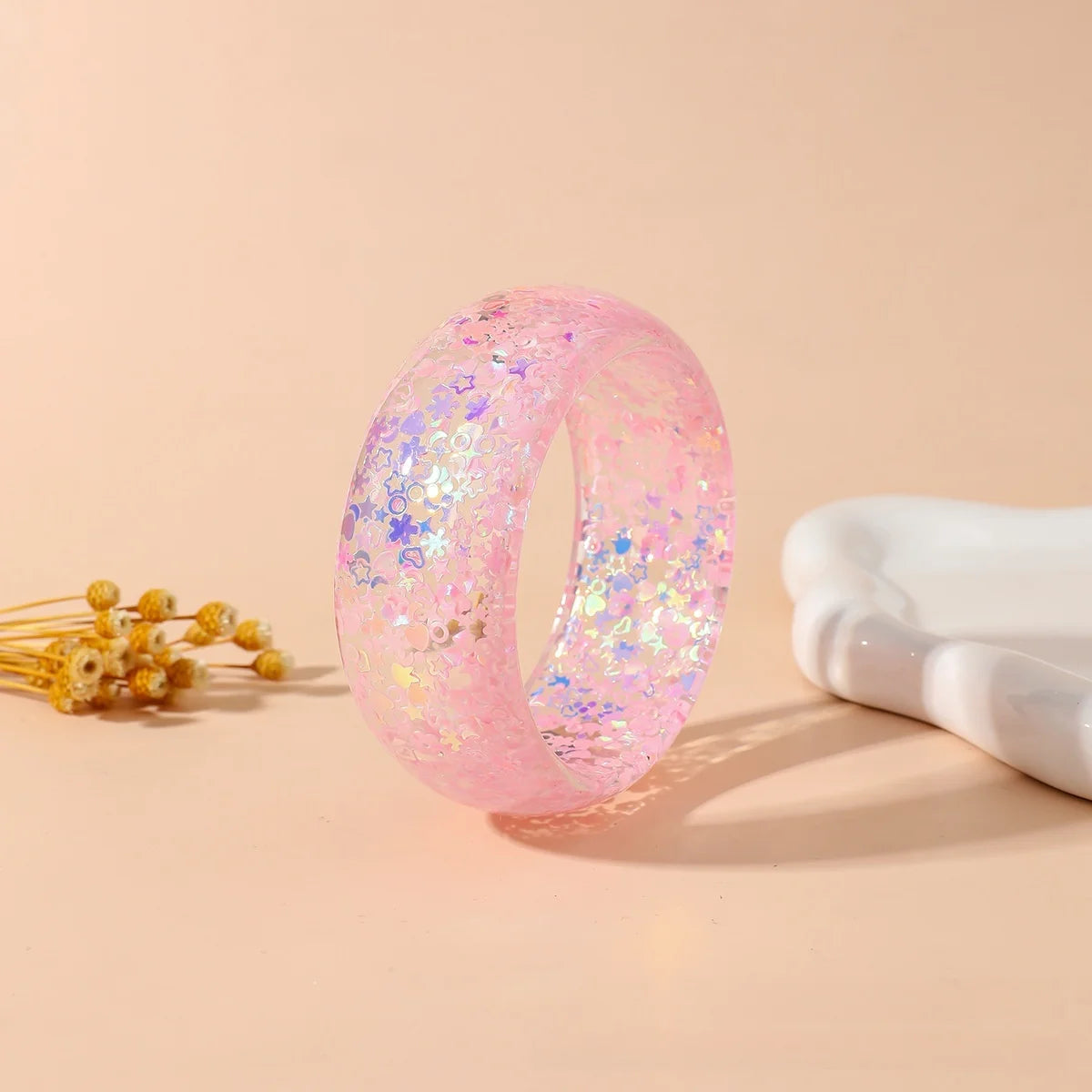 KMVEXO Trendy Personality Star Heart Sequin Acrylic Bangle for Women Statement Resin Cuff Wide Bracelet Daily Jewelry Gift