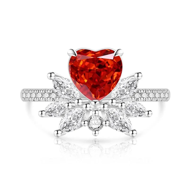Light luxury 925sterling silver colorful gemstone ice flower ring for women,super sparkly high carbon diamond heart ring jewelry
