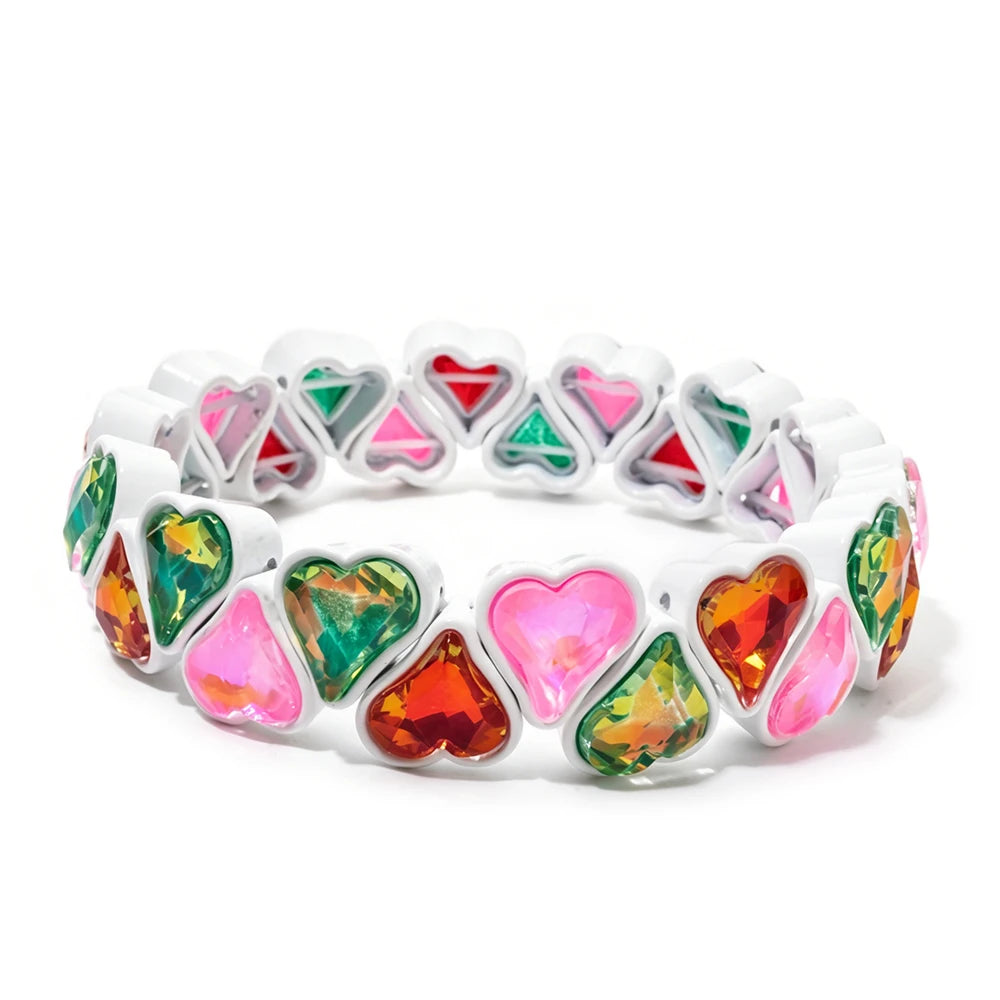 BEUTIFOR Zirconia Double Love Beads Elastic Bangles For Women and Girl Y2K Bohemian Layered Wrap Bracelets Accessory